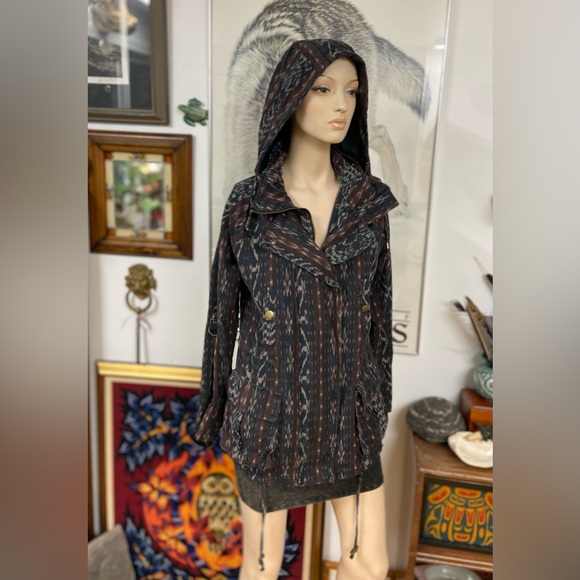 Hooded Cotton Canvas Jacket with Tribal Weave Printed Pattern - Picture 7 of 15